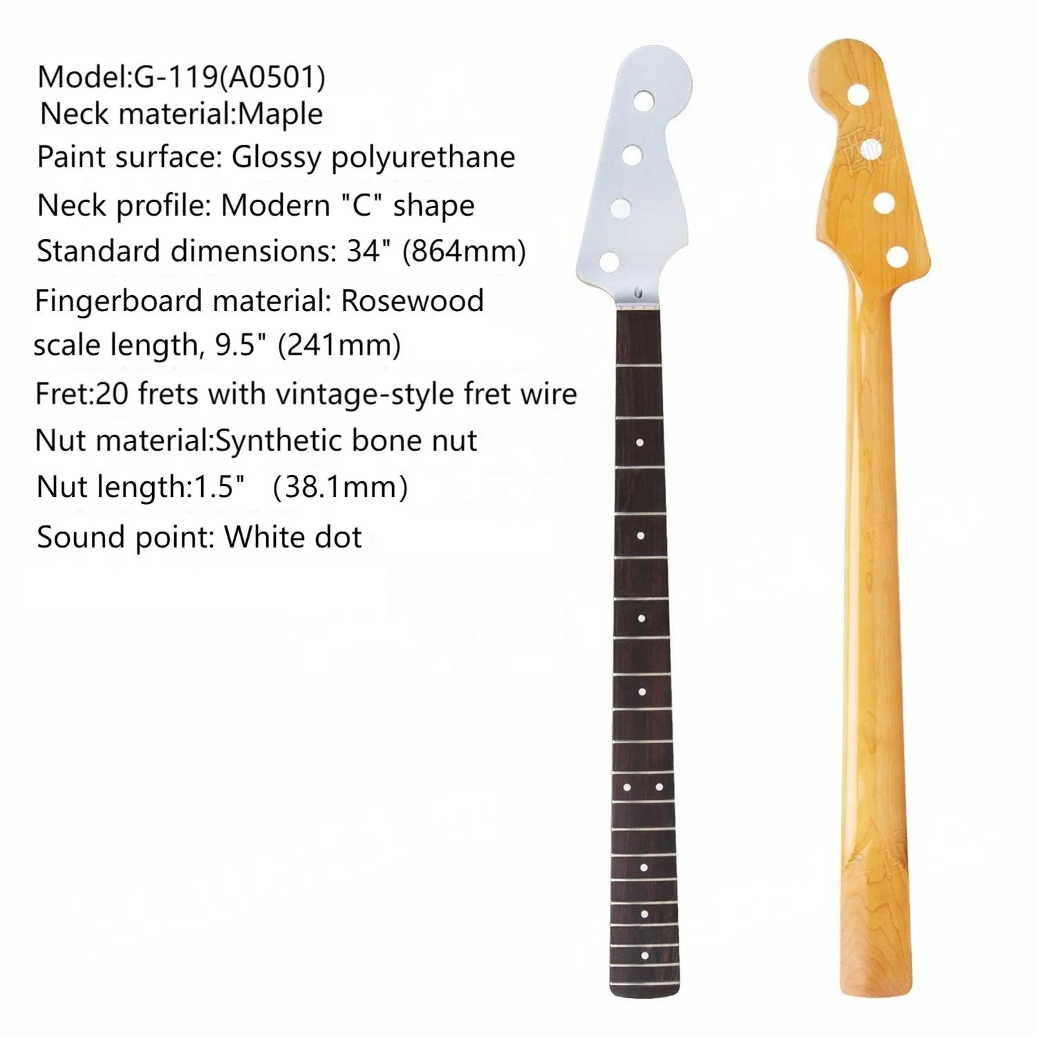 프리미엄 4줄 20프렛 베이스 넥 - 메이플 & 로즈우드, 34인치 스케일