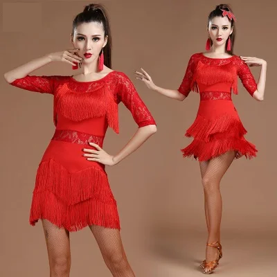 L Latin Tassel danse robe frange Scène Performance Costume Dancewear-Rouge 