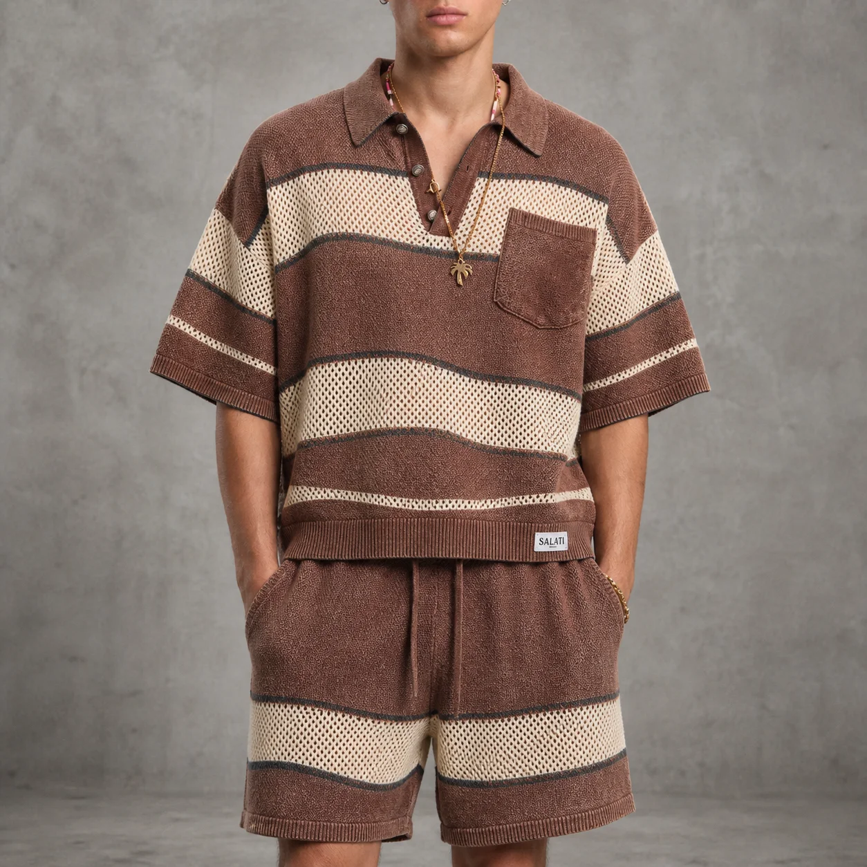 Wholesale Mens Two Piece Set Brown Striped Crochet Knit Polo Shirt Shorts Relaxed Summer Matching Apparel Men Casual Sets