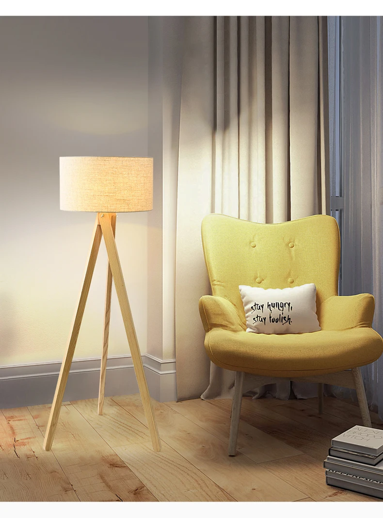 Three legged wooden base living room E27 cylindrical fabrics lampshade floor lamp