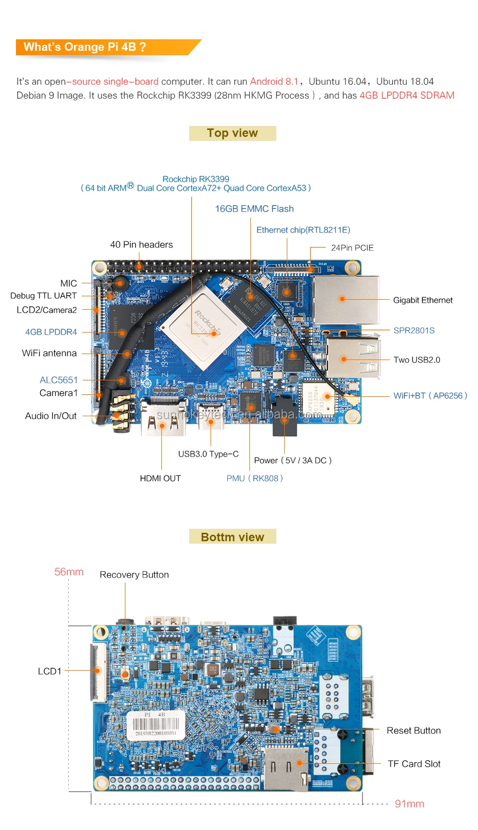 Orange Pi 4B 4GB/16GB EMMC Flash Rockchip RK3399 built-in NPU SPR2801S Orange Pi 4B Development Board