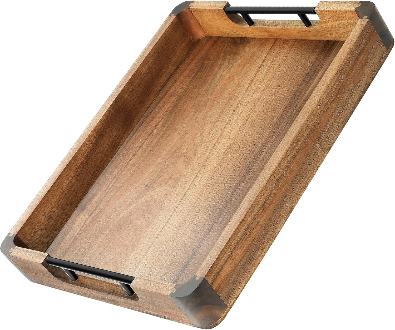 2026 Luxury Eco-Friendly Decorative Acacia Wood Rectangular Serving Tray with Handles for Coffee Table Ramadan & Wedding Parties