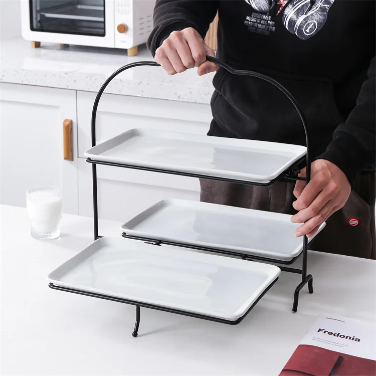 Popular Item 3 Tier Rectangular Serveware Ceramic Tray Dishes Plates Platter Ceramic Plate with Iron Stand