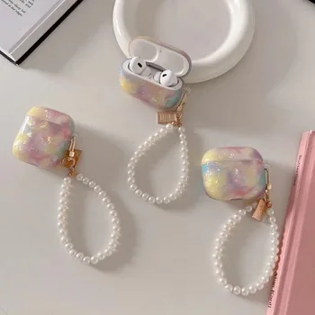 For Airpods 3 2 1 Pro Pro2 headset Case Rainbow gradient Marble Shell soft cases Wireless Earphone box Cover with Pearl bracelet