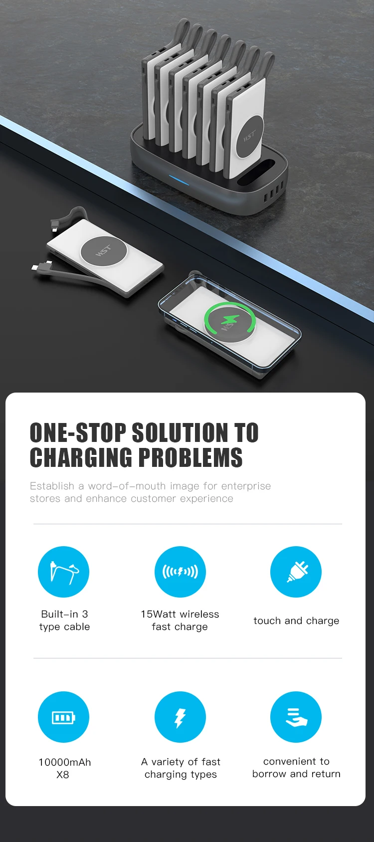 WST New Trending 10000mah Sharing Magnetic Wireless Charging Power Bank Station Portable Charger for Business and Home