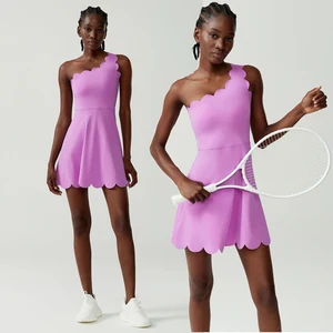 One Shoulder Two-pieces with Inner Pocket Shorts Yoga Dress for Women Fitness Workout Breathable Quick-dry Sportswear