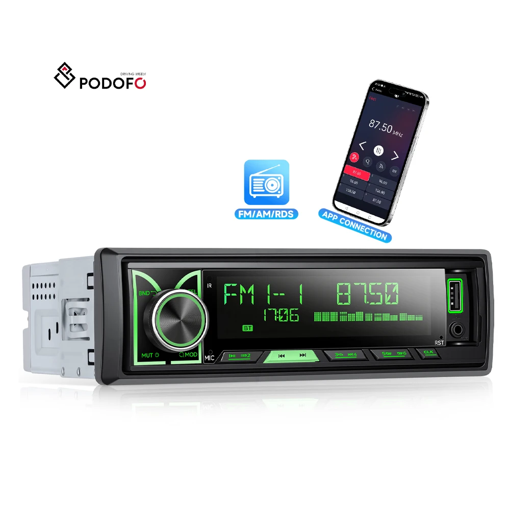PODOFO for MP3 Player LCD Display USB AUX Autoradio 1Din Radio BT FM/AM/RDS DSP Fast Charging APP Connection X-BASS Steering A4723