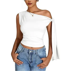 2025 Summer Women's Lace up Casual Solid Color Exposed Navel Slim Fit Sleeveless Top