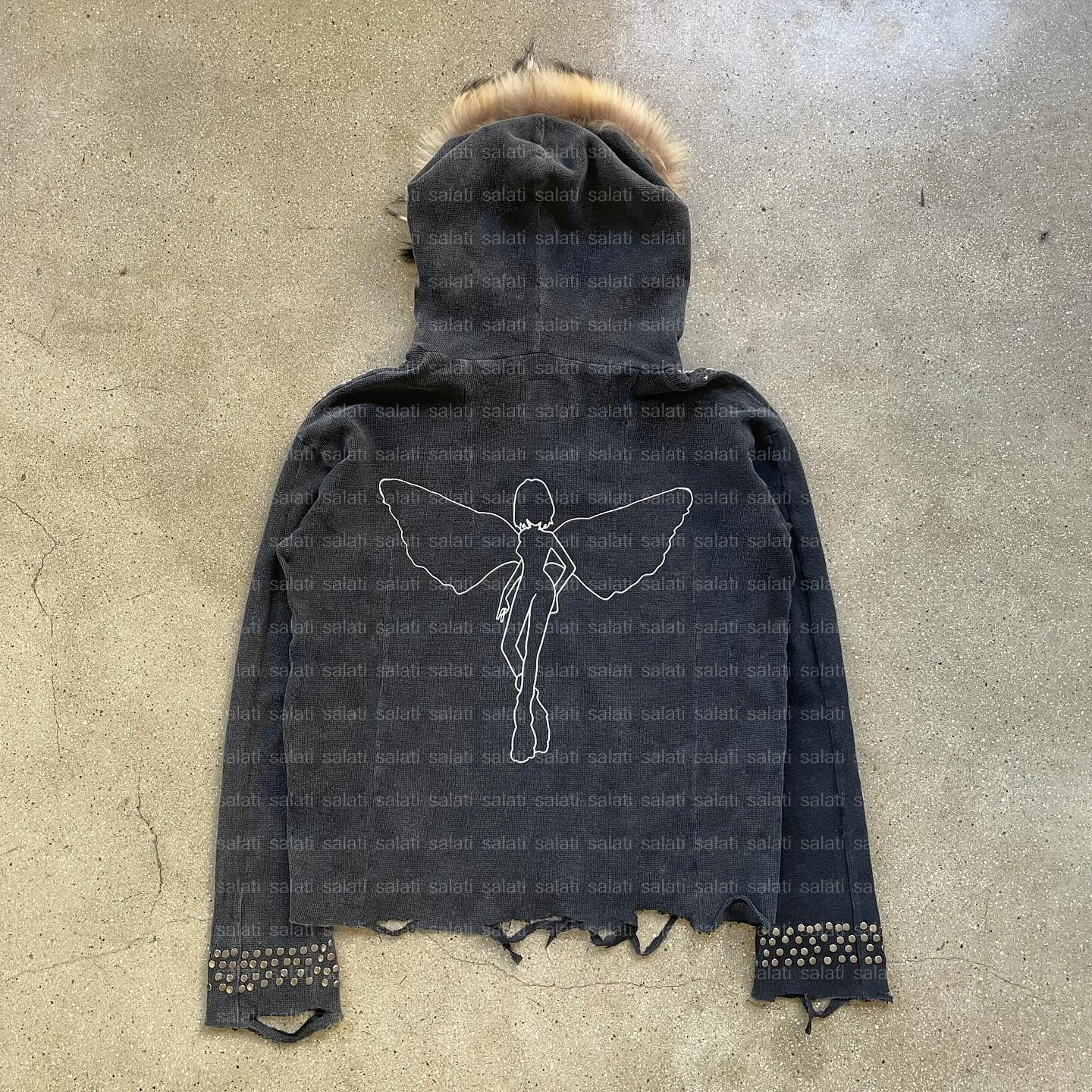 Custom Streetwear Hoddie Men Fur Hood Pullover Waffle Knit Faded Raw Hem Cotton Print Distressed Vintage Acid Wash Hoodie Unisex gallery 3