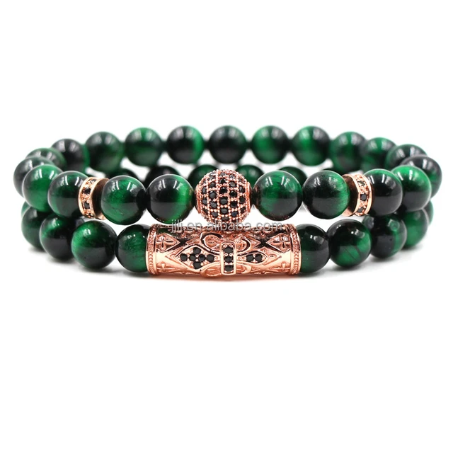 Green tiger's eye, micro-inlaid zircon ball elbow set bracelet, crystal treatment bead bracelet, semi-precious stone handicraft