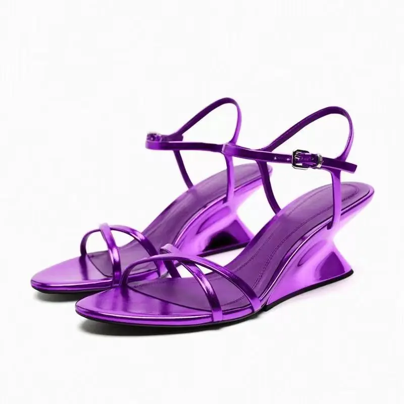 Fashion Women Shoes Elegant Heel Round Toe Purple Silver Ankle Strap Wedges High Heels Sandals - Image 2