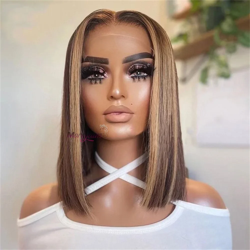 Perruque Bob en cheveux humains raides 13x4 avec dentelle frontale brésilienne courte ombrée_voghion.com