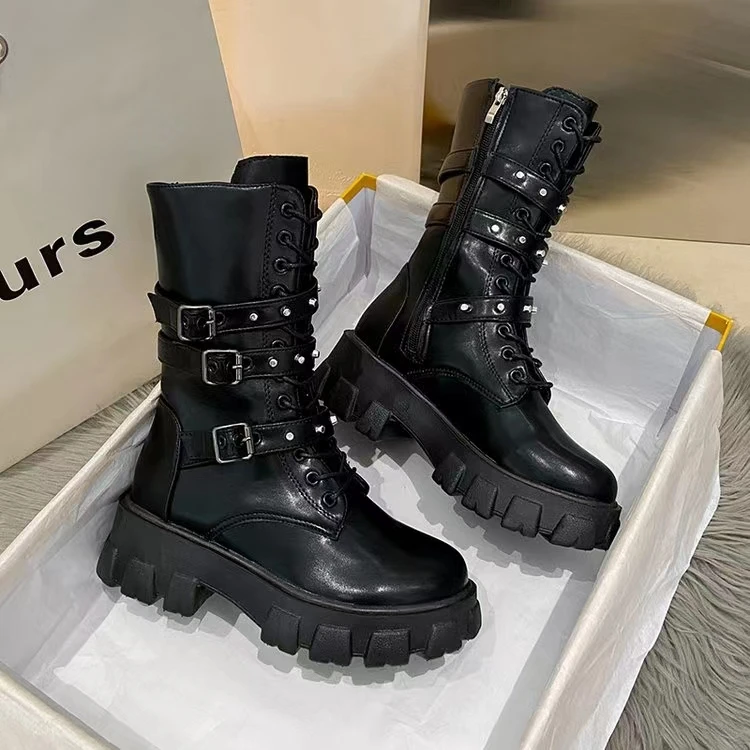 Novo estilo sola grossa remendado ankle boots no outono e inverno europeu e  americano moda botas sapatos femininos coreanos tendência