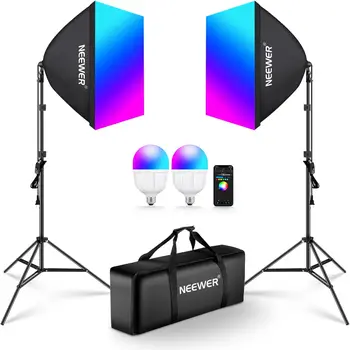 NEEWER 9 Effect Modes 2 Pack 26W LED Bulbs RGB Softbox Lighting Kit with App Control