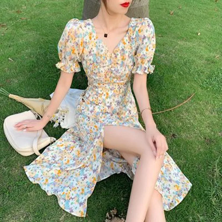Women's Mid-length V-neck A-line Dress With Floral Print Short Sleeves For Summer Casual Wear In 3 Colors Women's Mid-length V-neck A-line Dress With Floral Print Short Sleeves For Summer Casual Wear In 3 Colors