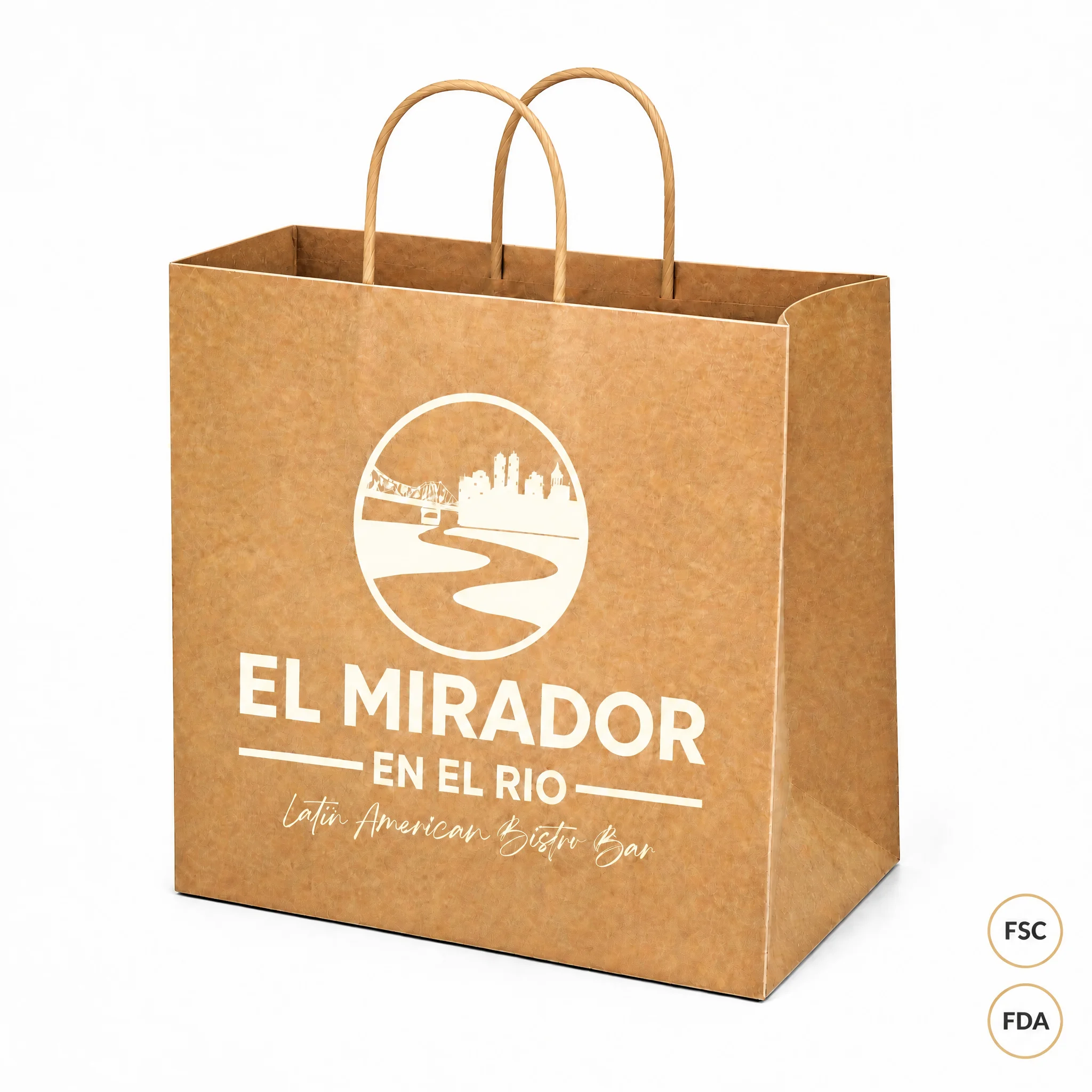 OEM Custom Logo Printing Kraft Paper Carry Bags Flat Rope Handle Takeout Food Packaging Retail Shopp