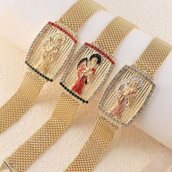 Low Moq Hip Hop Style Jewelry Pulsera Joyas De Mujer Colorful Diamond Gold Plated Brass Bangles Holy Death Watchband Bracelet