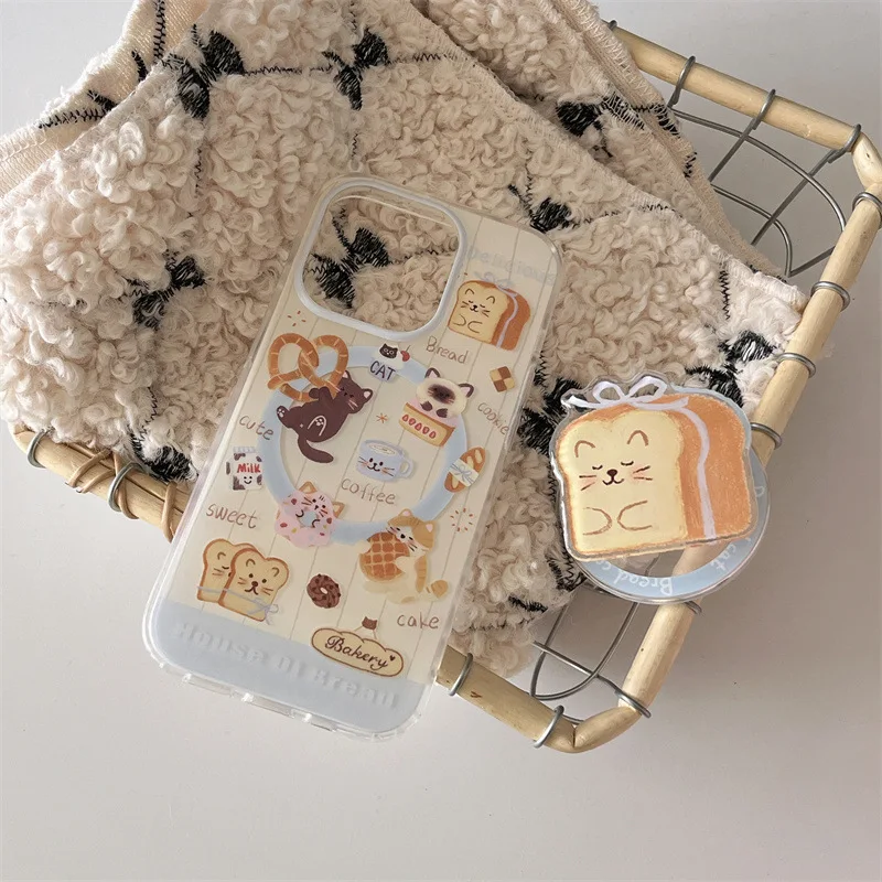 TPU Cute Toast Bread Cat Magnetic Stand Mobile Phone Case For iPhone 11 12 13 16 Pro Max Plus XS XR 14 Pro Max For Cat Person