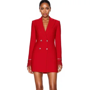 Design of Office Workers Red Feathers Crystal Sleeve Backless Suit Spring and Autumn