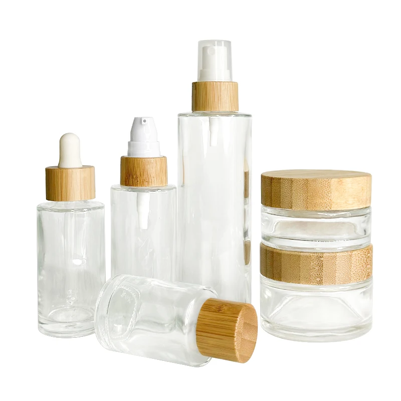 Bamboo Cosmetic Packages 50g 100g Glass Cream Jar 100ml 120ml Frosted Pump Serum