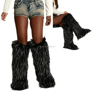 BUSY GIRL RS9253 Fur Boots Women Black Base and White Tip Custom Women Shoes Women's Faux Fur Knee-High Boots Warm Winter Shoes