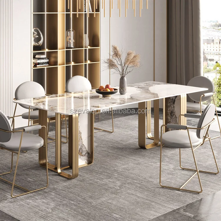 Luxury Modern Gold Metal Frame Dining Table with Extendable Marble Top ...