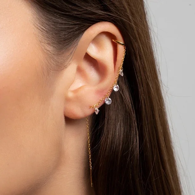 925 Sterling Silver Ear Cuff Combo Earrings with CZ Dangles