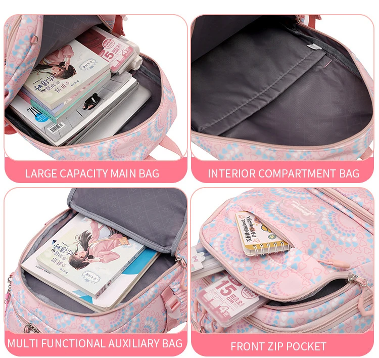 Waterproof Pink Large Capacity School Backpack 3pcs Set