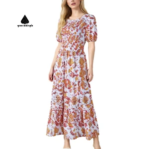 Green Dimple Women's Clothing Summer Cottagecore Dress Floral Casual Cotton Polynesian Modest Office Wear Dress