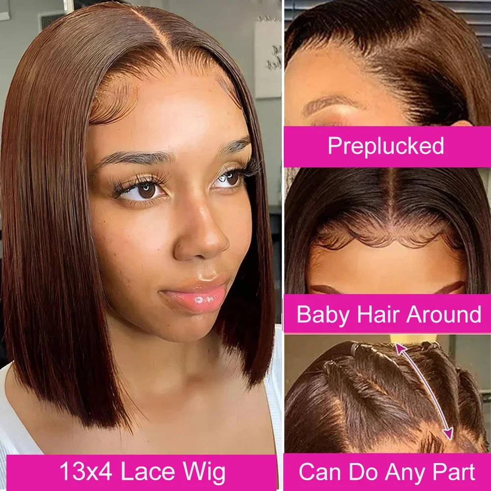 13x4 Lace Front Perücke Bob Echthaar Braun Glatt 180% Volldichte HD Lace Frontal Perücken_voghion.com