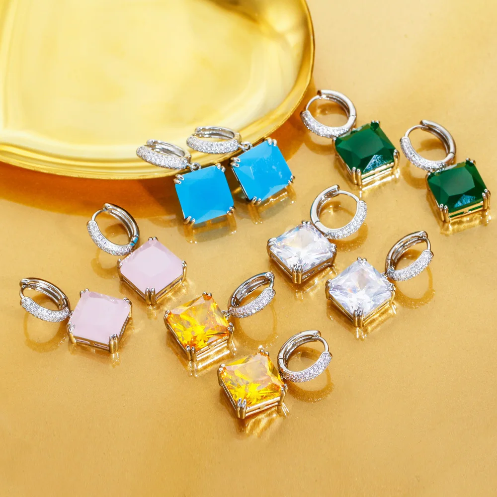 Big Square Earrings Trendy Green Cubic Zircon Pendants