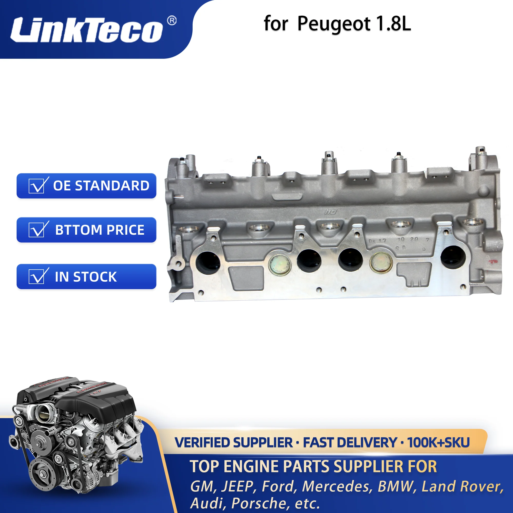 Linkteco Engine Cylinder Head Assembly for Peugeot 405 1994- XU7JP L3 LFX XU7JB 1.8L 9608434580 0200.F2 Auto Parts