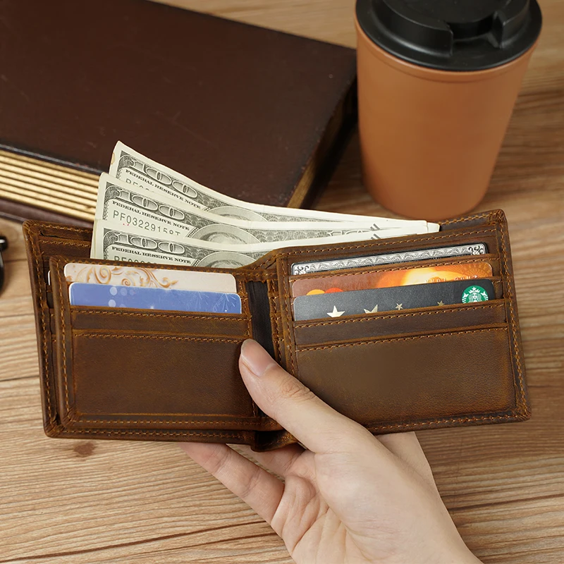 Custom Handmade Custom Logo Large Capacity Vintage Men Genuine Leather Money Card Wallet Multiple Card Bifold Wallet