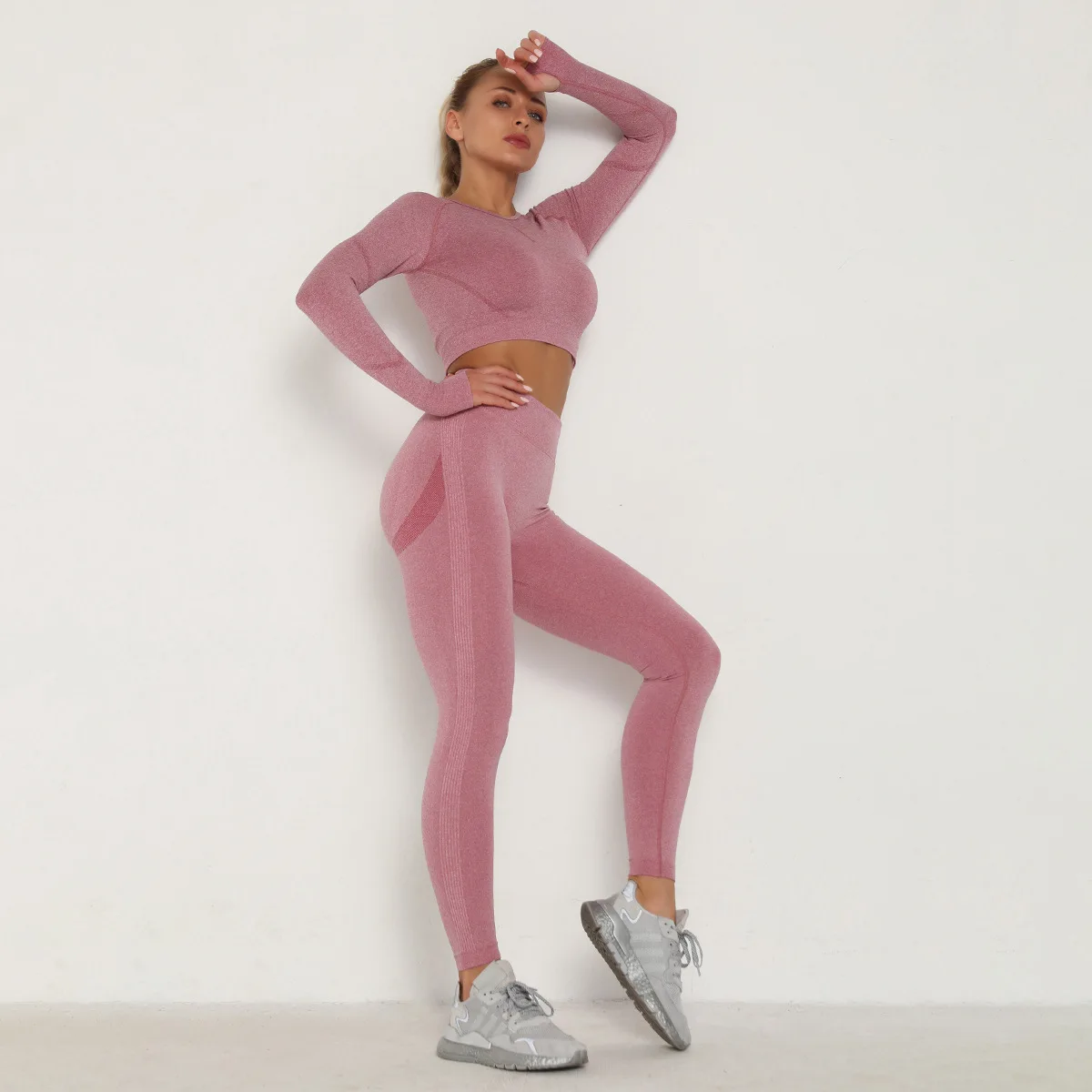 Women's Seamless 2 Piece Outfits Workout Long Sleeve Crop Top High Waist  Yoga Legging Sets 
