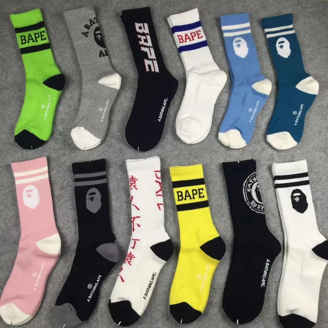 Wholesale fashion high quality ape socks custom designer men unisex casual sport thick crew  socks cotton Bape socks