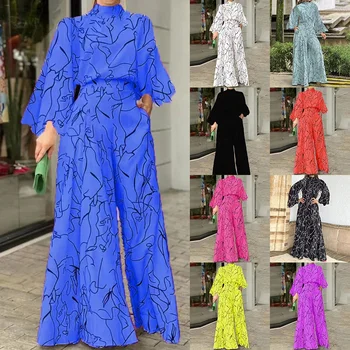 Popular Autumn Printed Wide Leg Ladies Jumpsuits High Waist O-neck Long Sleeve Jumpsuits One Piece Jumpsuit