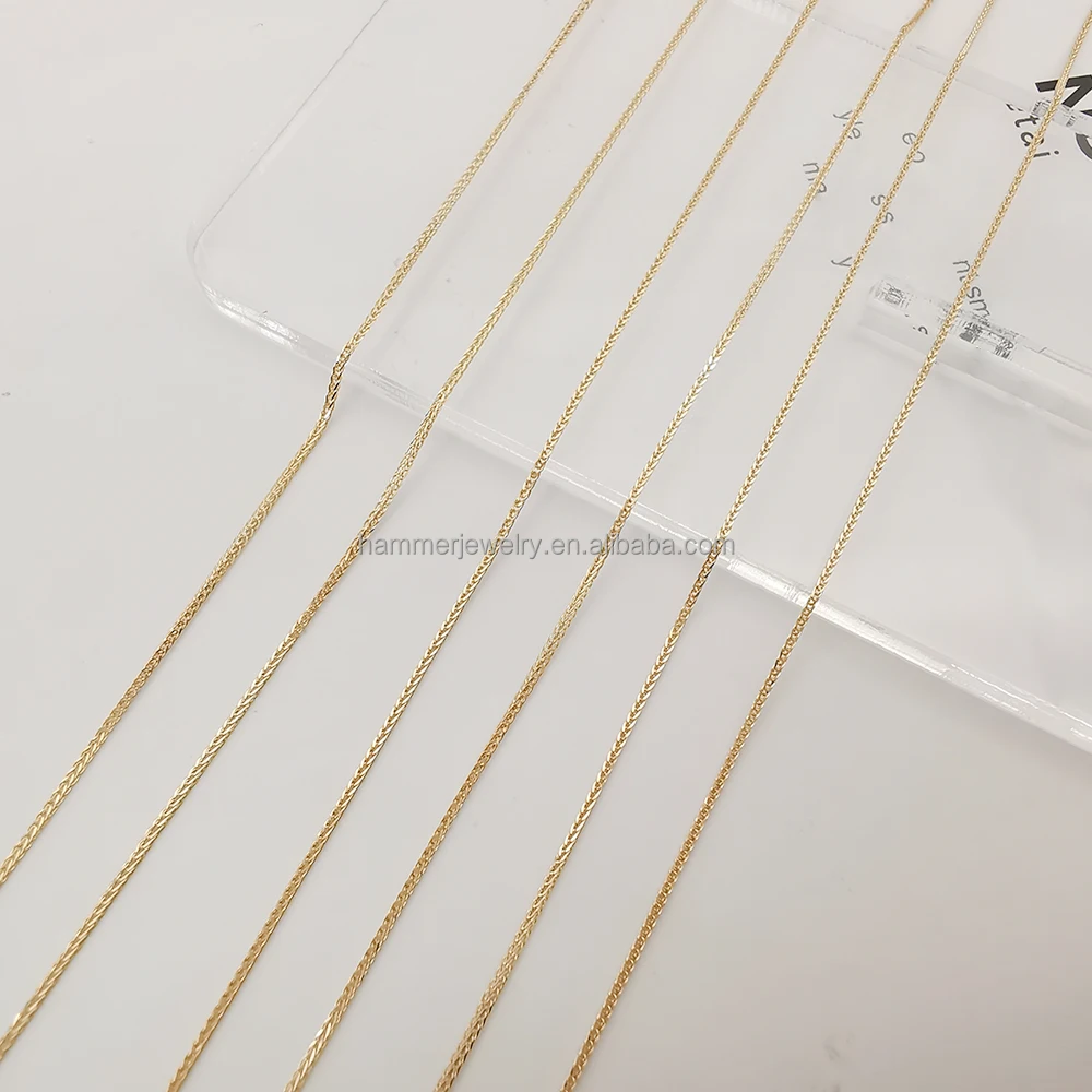 Wholesale 14k 18k Solid Gold Chain 0.85mm 1.0mm Flat Wheat Chain Selling By Rolling Feet For