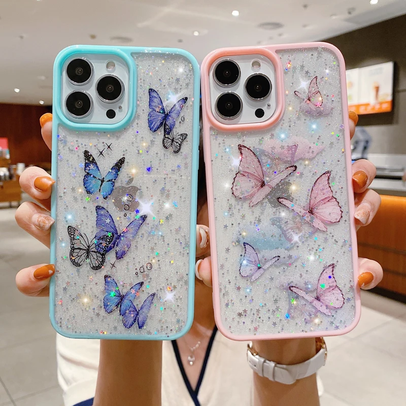Bling Phone Case for iPhone 16 15 14 13 12 11 Pro Max Mini Girls Cute New Laser Epoxy Star Glitter Butterfly Phone Cases