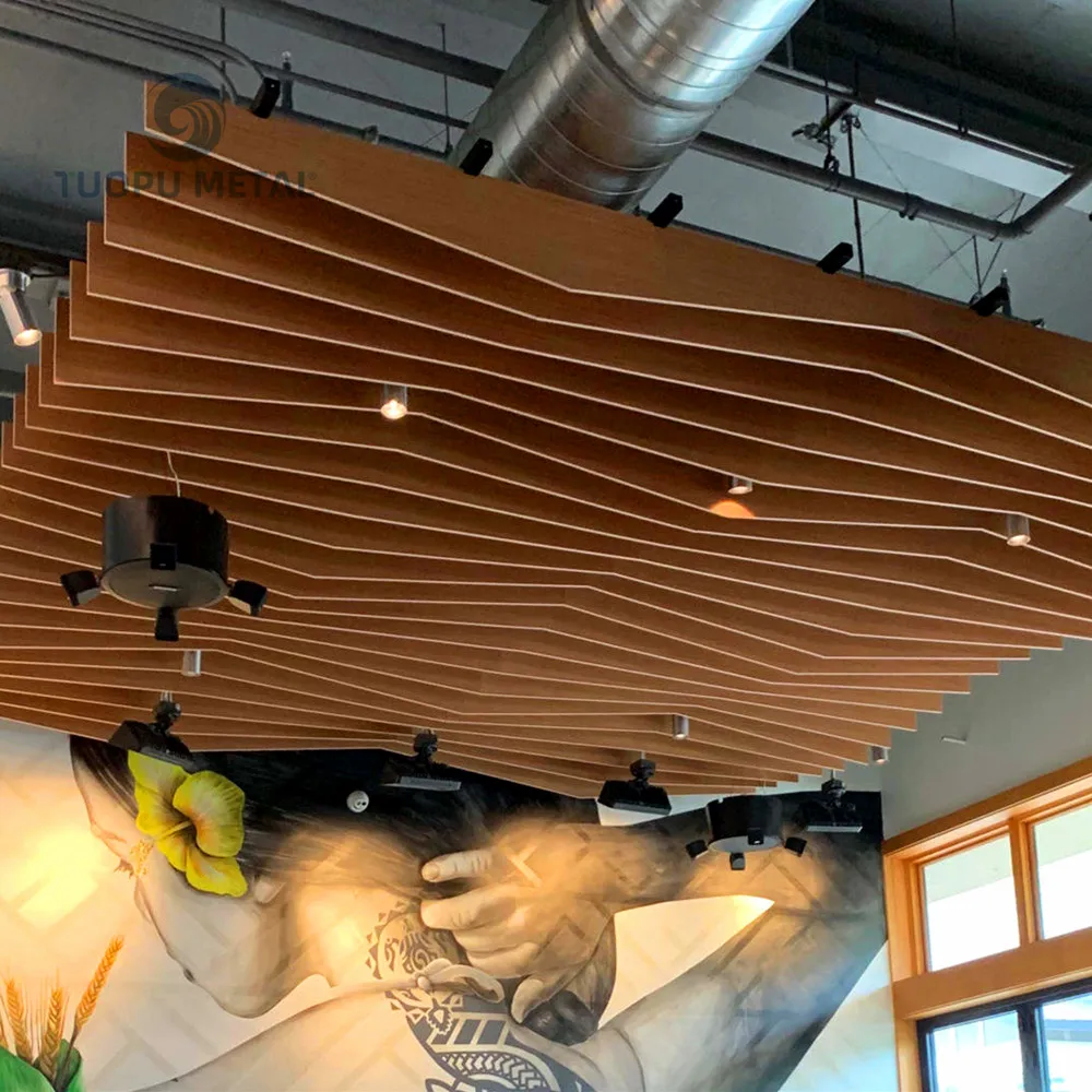 Wood Grain Color Ceiling Facade Decorative Panels 3d Curved Wave Aluminum Baffle Ceiling Panel