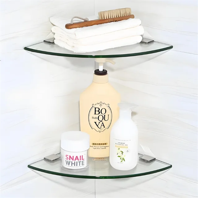 Glass Corner Shower Shelf, Tempered Glass Shelf Wall Mount, Shower Ball Bag Organizer, Bathroom Corner Glass Shelf