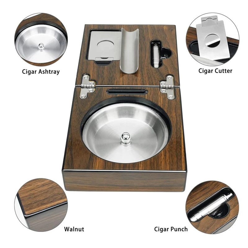 Wooden Cigar Ashtray Set With Cigar Cutter And Punch Foldable Travel Compact Cigar Holder