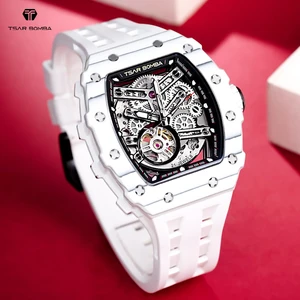 For Miyota Automatic Tonneau Case Stainless Steel Watch with Rubber Band Water Resistant Analog Dial for Men