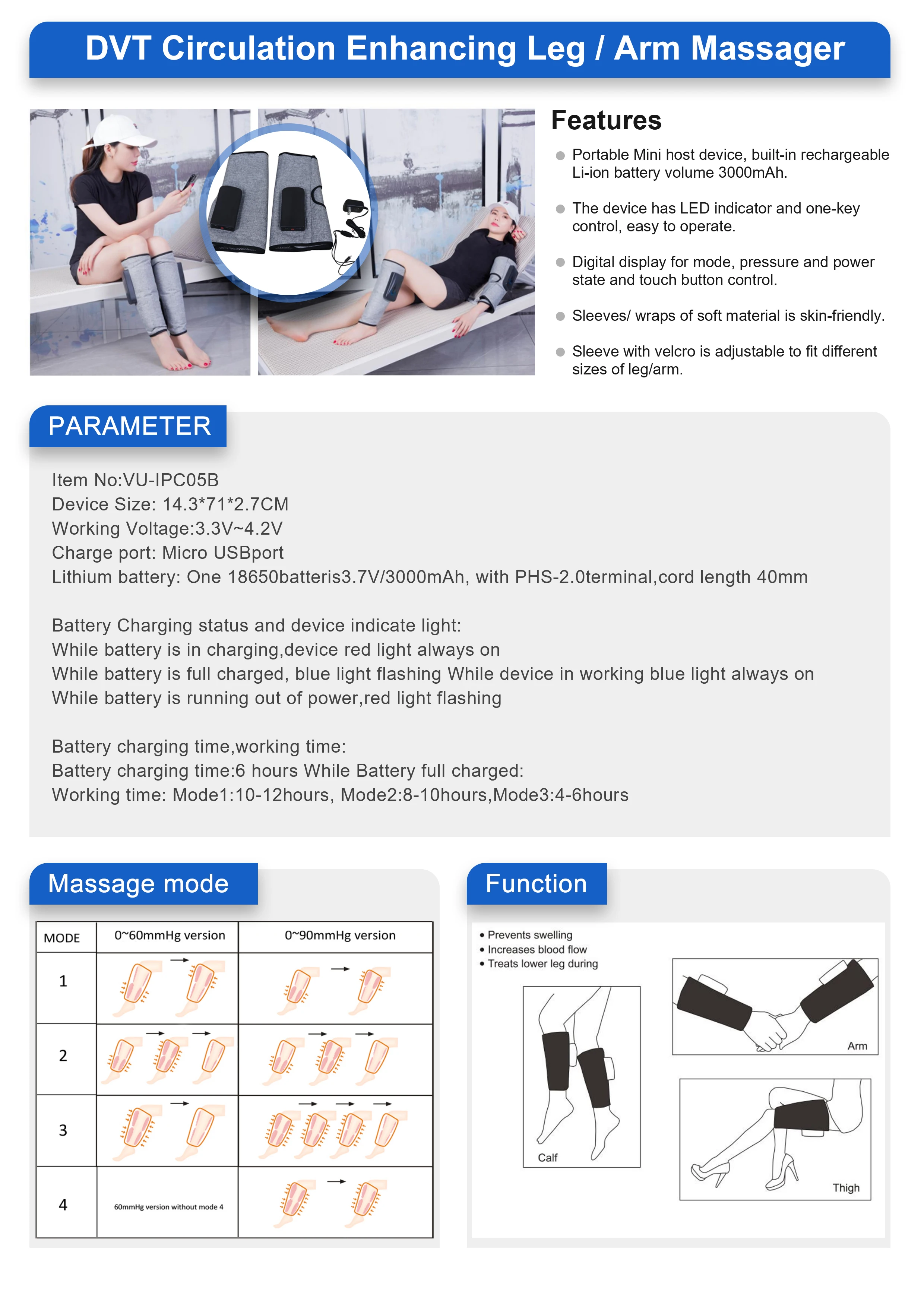 Portable sequential compression dvt prevention pump manufacturers pneumatic pump for leg therapy with battery inside supplier