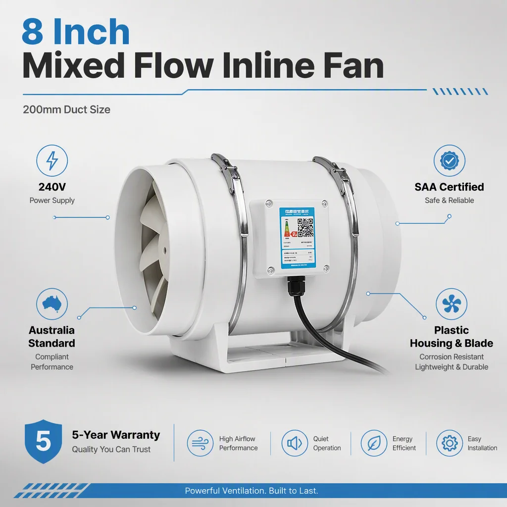Inline Duct Fan, 200mm, 240V, Plastic - detail 6
