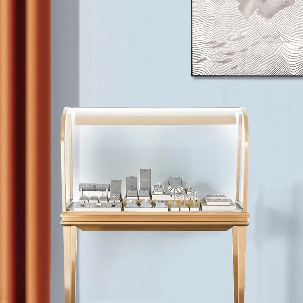 Glass Display Cabinet  LED Jewelry Display Table Pedestal Stand Watch Glass Metal Jewellery Showcase Furniture Design
