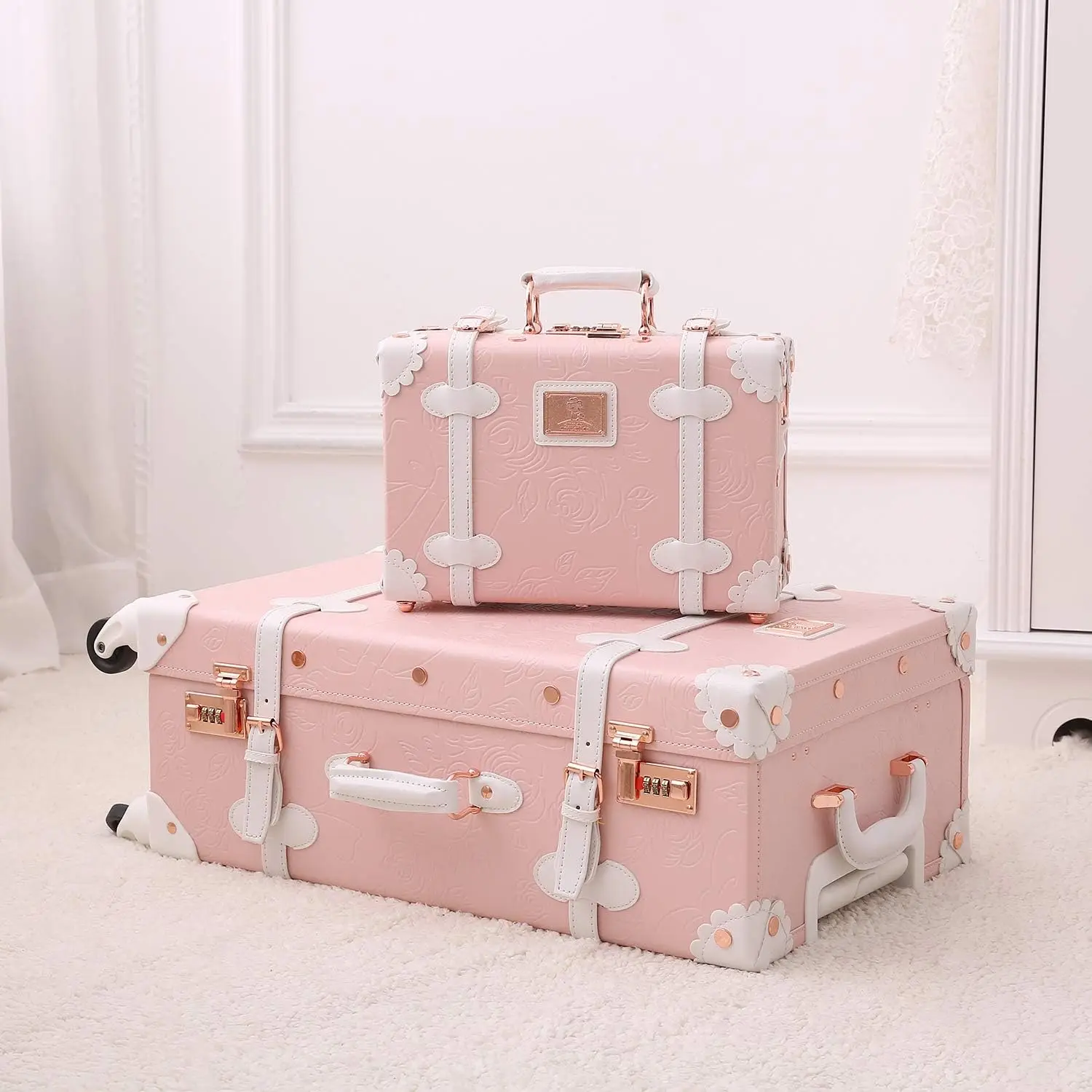 Handmade 18-Inch Retro Lock Handle Suitcase Vintage Pink PU Leather Travel Bag with Straps