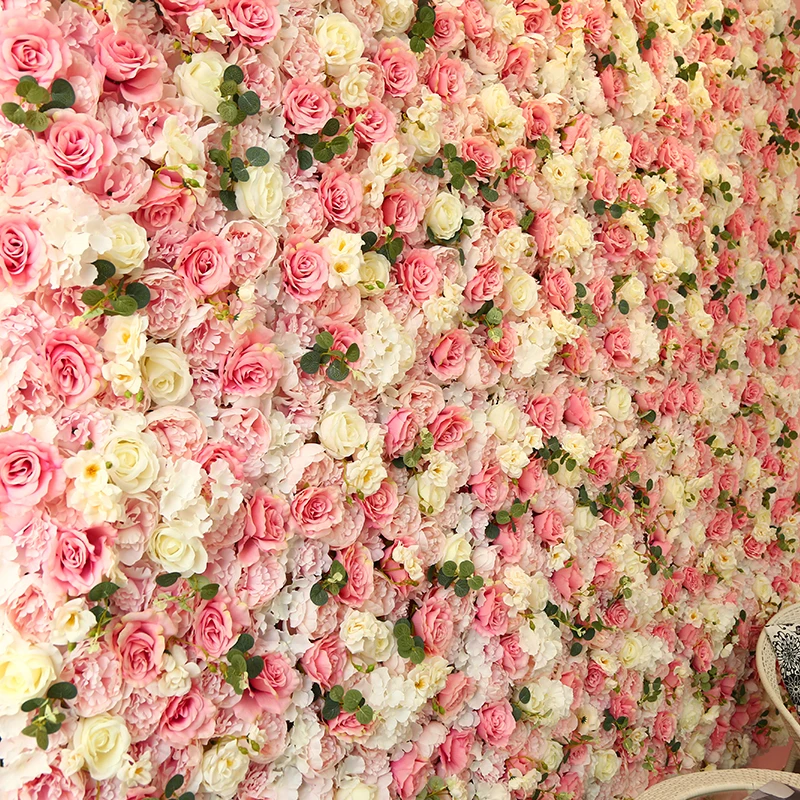 Artificial Flower Wall Backdrop Panel, 60cm X 40cm, Blush Rose Pink With Leaves