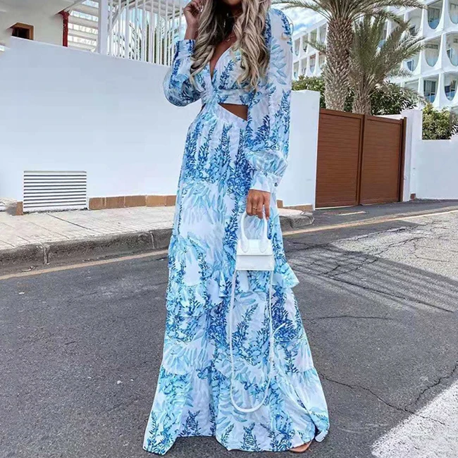 Custom Summer Casual Long Sleeve Vestido Normal Ladies Frock Women Deep V-neck Cut Out Floral Print Maxi Dress