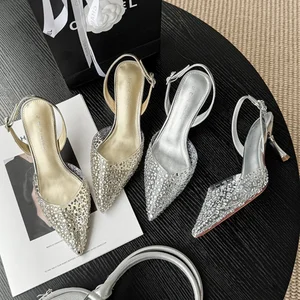 Summer New Style Temperament Elegant Sandals Female Silver Pointy Thin Heel Transparent Rhinestone High Heel Sandals