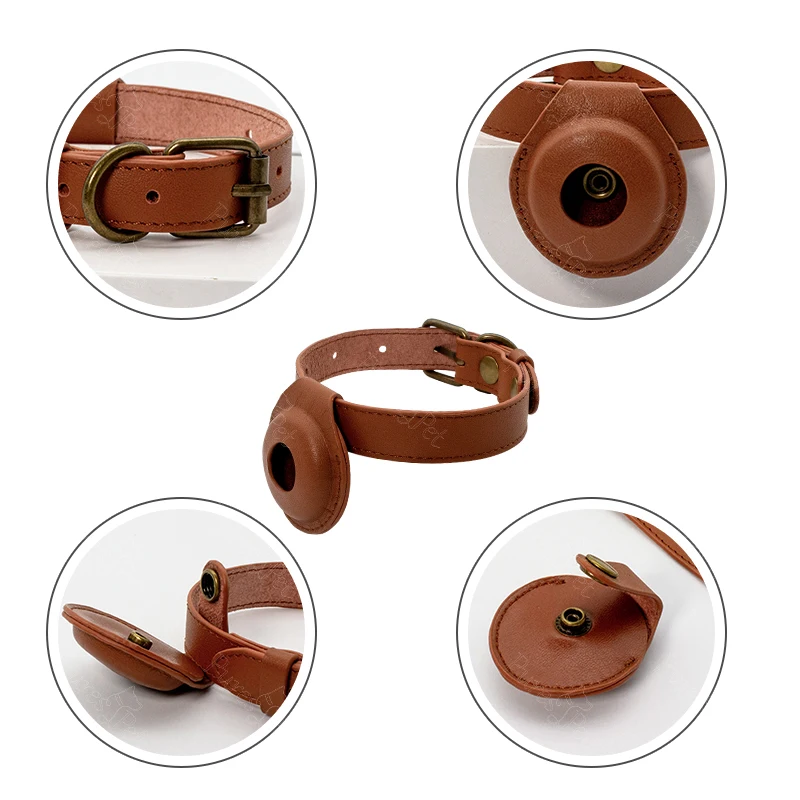 Drop Shipping Personalize Adjustable Small Pet Luxury Real Genuine Leather Airtag Cat Collar